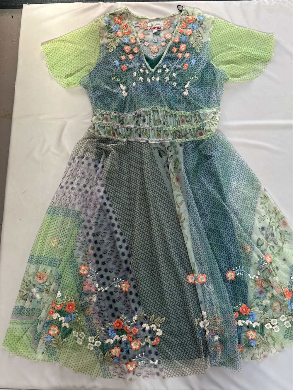 Embroidered Floral Mesh Dress in Green by Johnny Was + The Drop Slip Dress